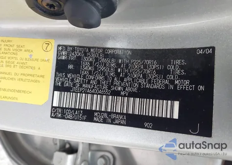 2004 Toyota Highlander V6 z USA, uszkodzony, nr VIN JTEEP21A640046552